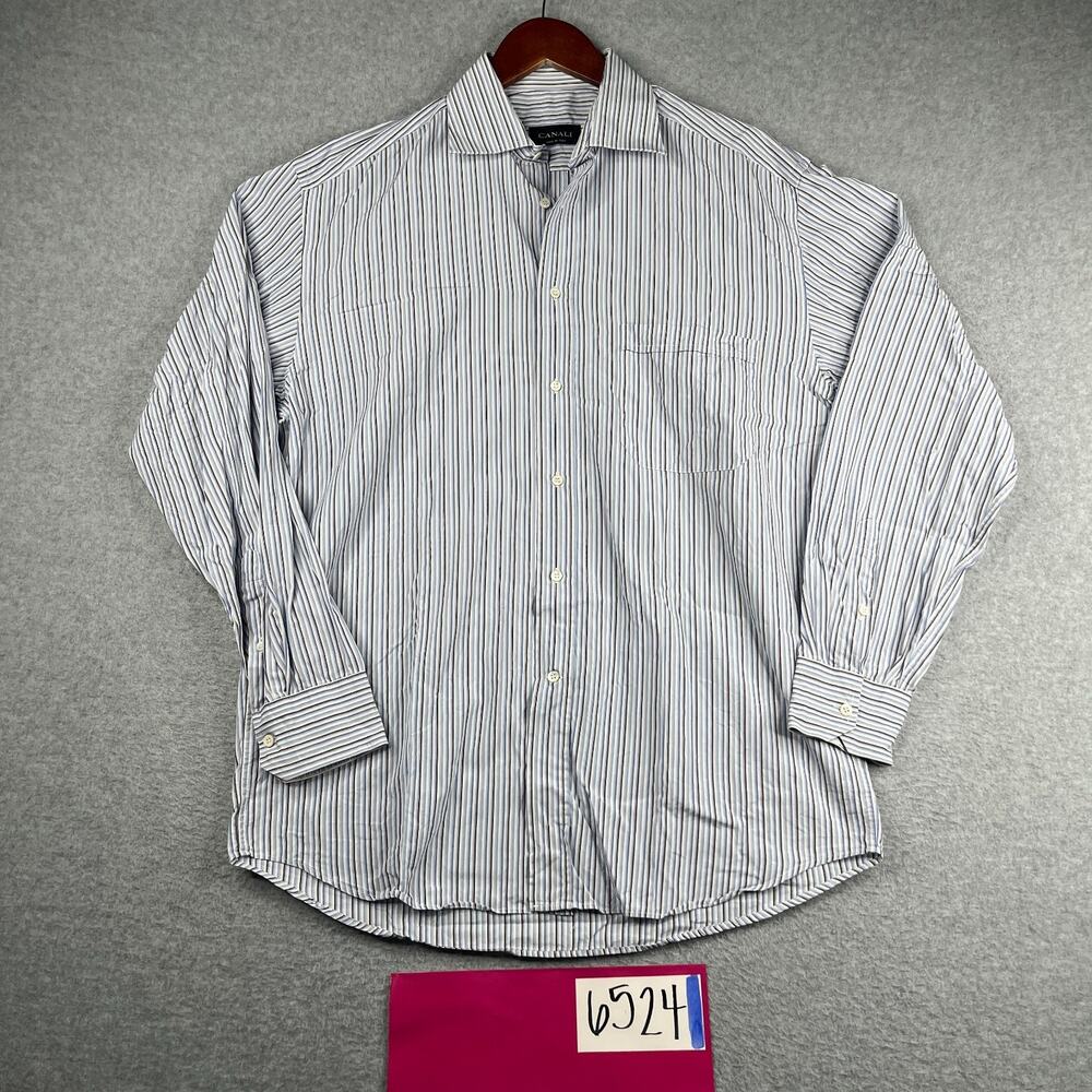 Canali Shirt 16 Blue Striped Casual Button Up Long Sleeve Mens Made In Italy